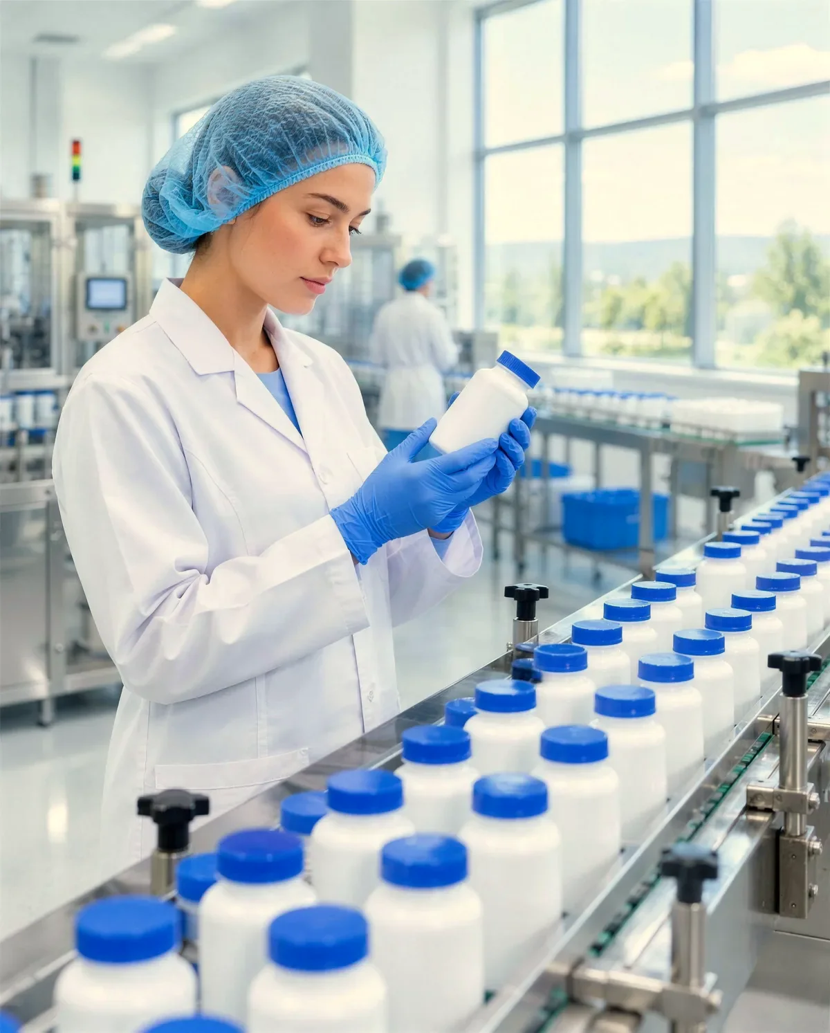 A technician in a lab coat inspecting a bottle on a bright production line.