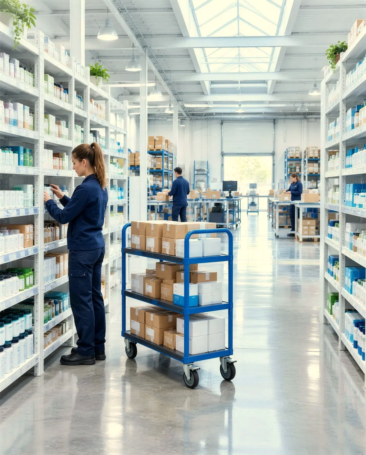 A bright distribution centre with white shelving and a cart of parcels.