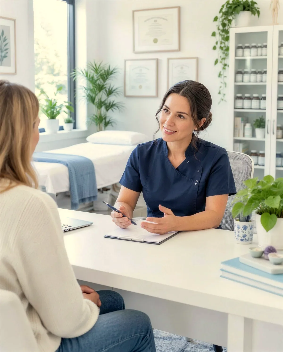 A naturopathic doctor consulting with a patient in a clinic room with a treatment table and supplement cabinet.
