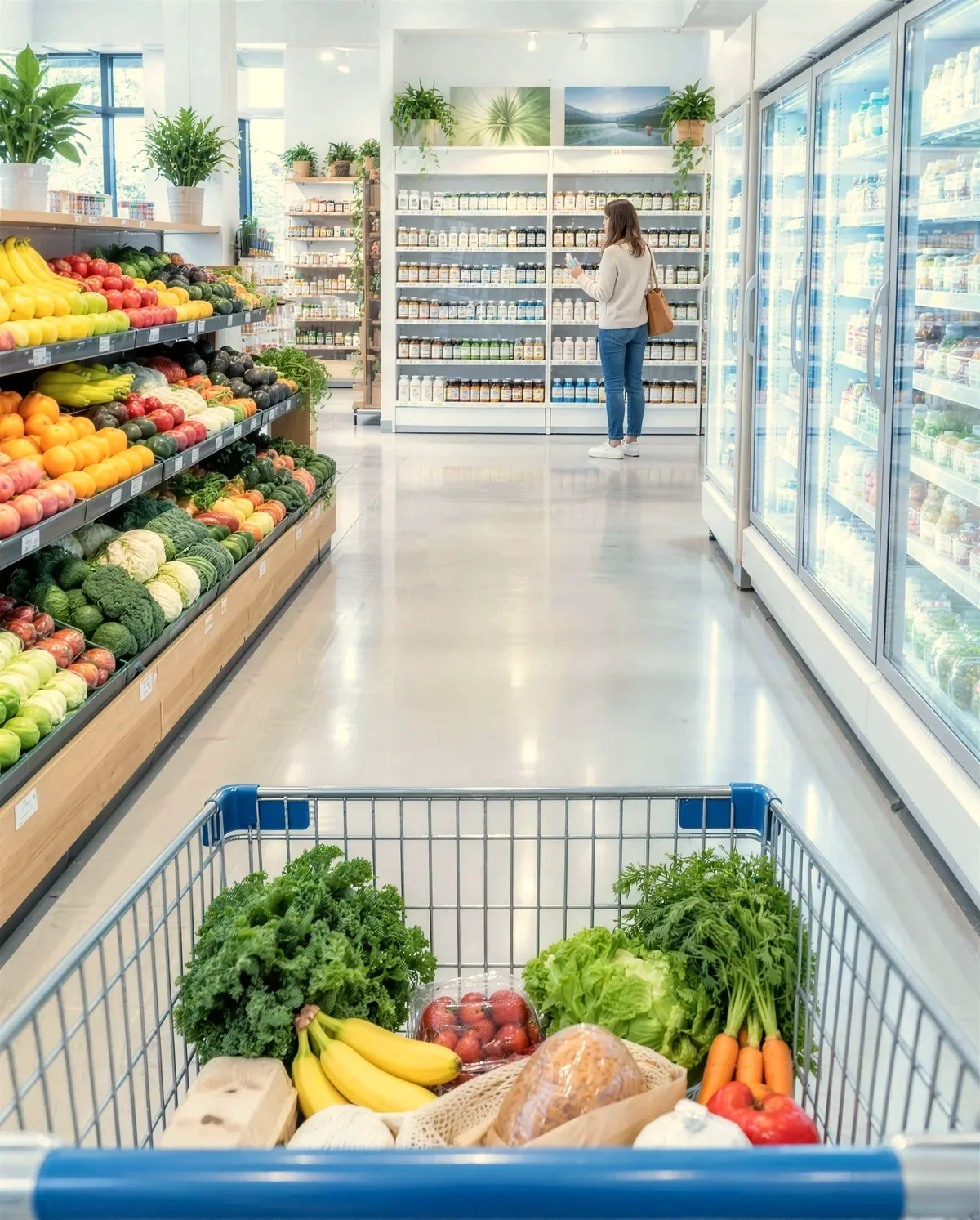 A grocery store aisle with a shopping cart, fresh produce, refrigerated cases and a vitamins section.