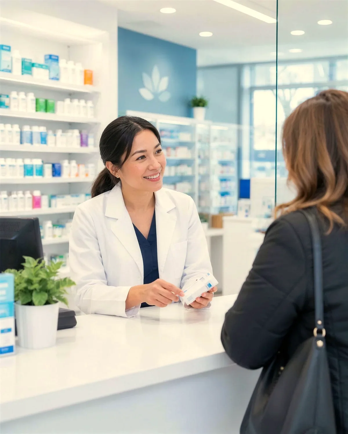 A pharmacist in a white coat helping a customer at a modern pharmacy counter.