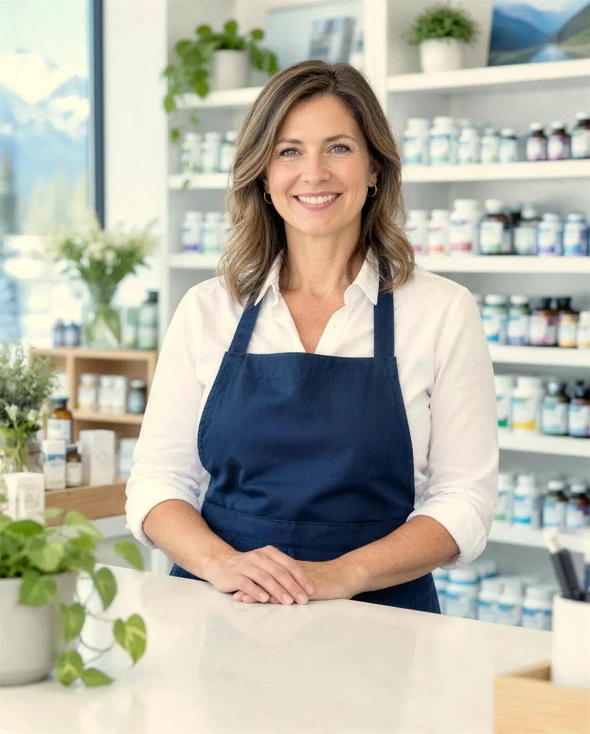 A natural health store owner in a navy apron behind a white counter.
