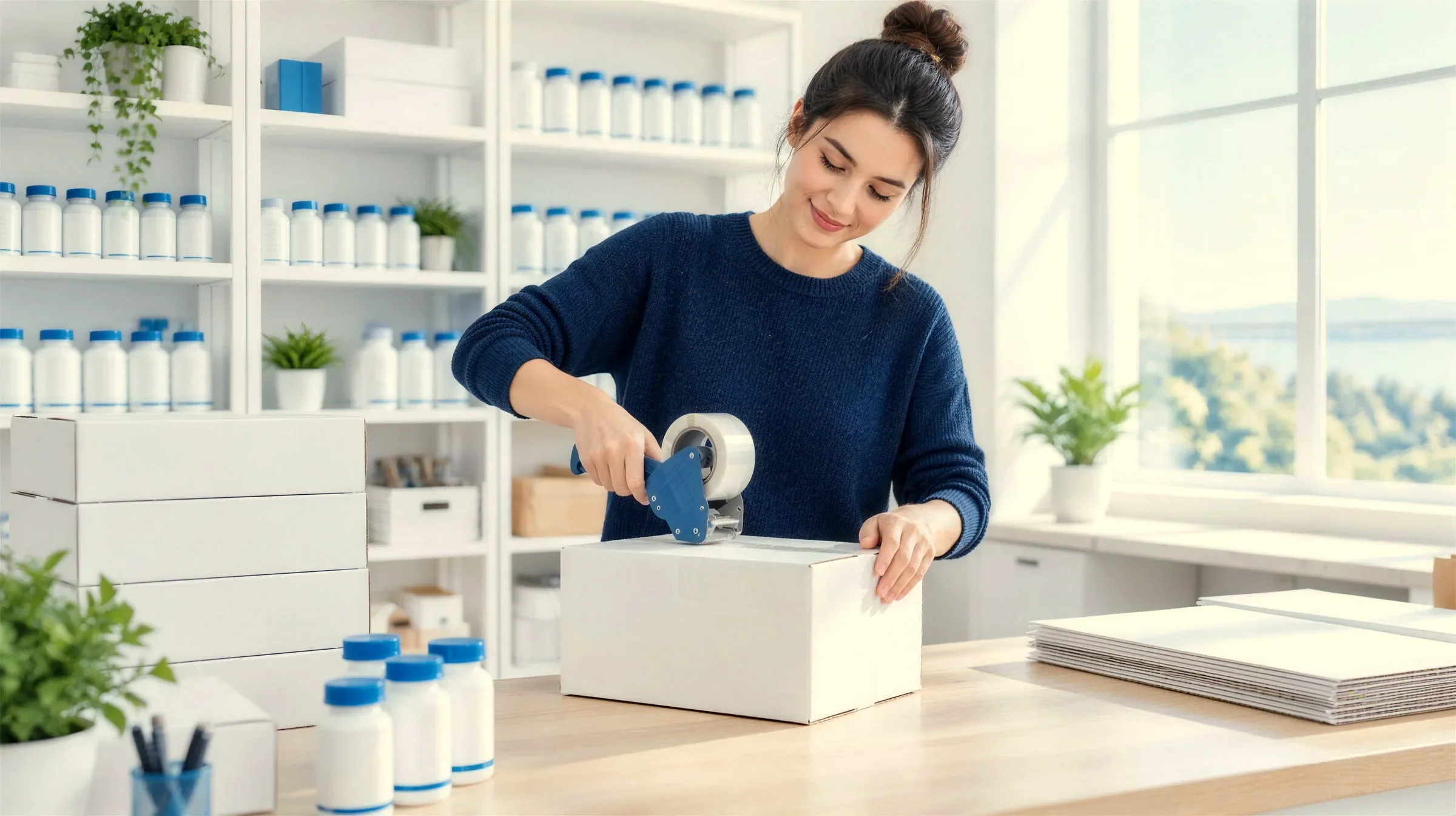 A supplement brand team member taping a shipping box at a bright packing station.