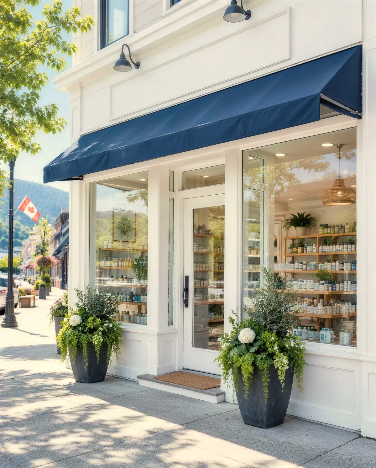 A white health food storefront with a navy awning on a sunny morning.